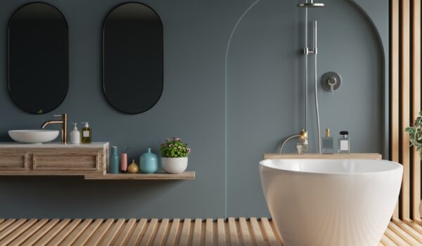 badkamer met blanco donker blauw muur voor praktische badkamer