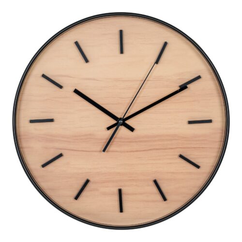 wandklok met houtlook en zwarte details, wandklok, klok, houtlook, rond, 35 cm, zwarte details