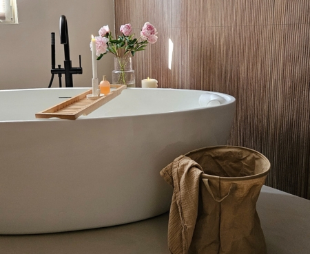 Badkamer, Badkussen, badplank, kandelaar, kaarsenhouder, wasmand