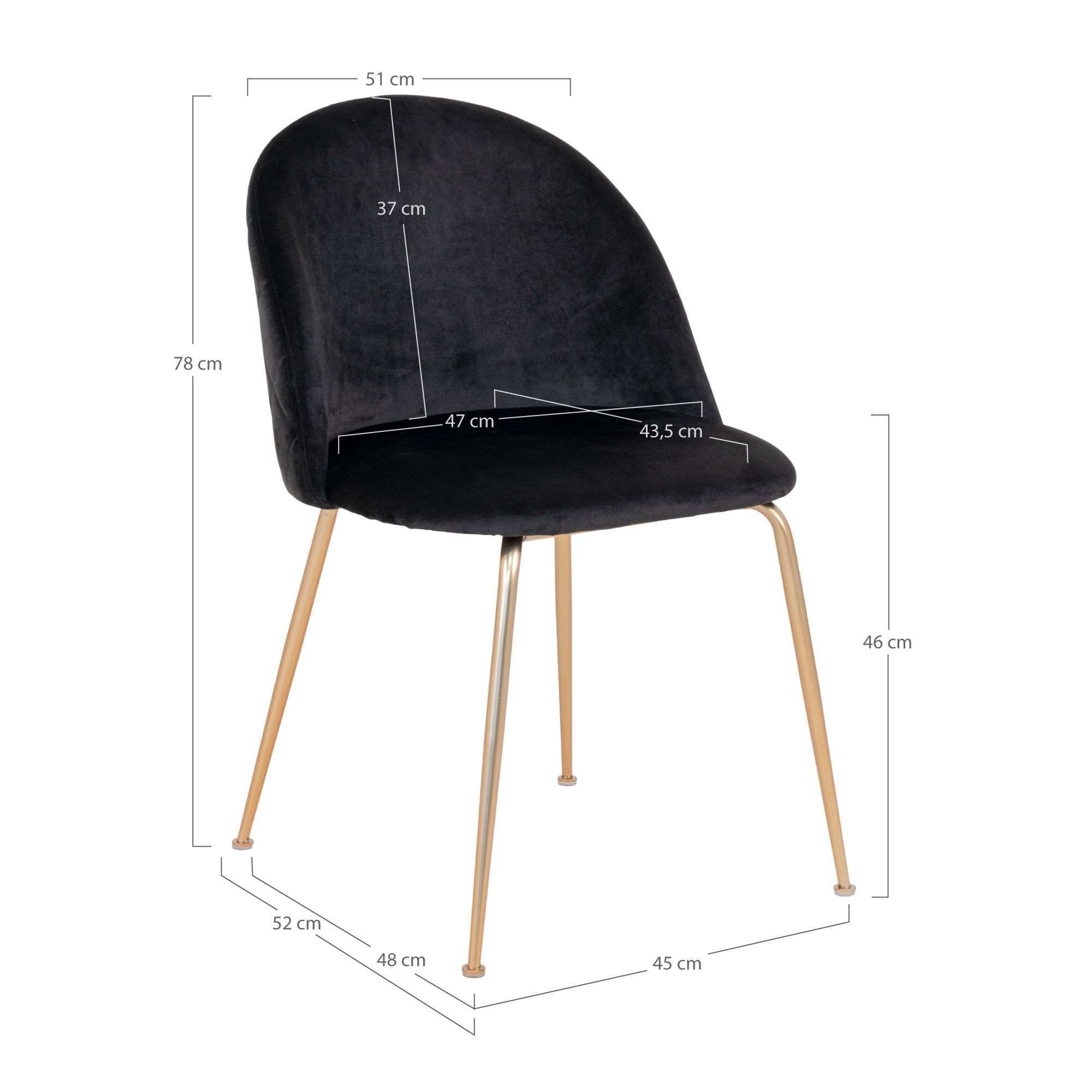 QUVIO Eetkamerstoel Geneva – Fluweel – Zwart – Messing look – Set van 2