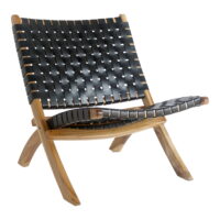 QUVIO Fauteuil Turijn – Zwart leer – Teakhouten poten