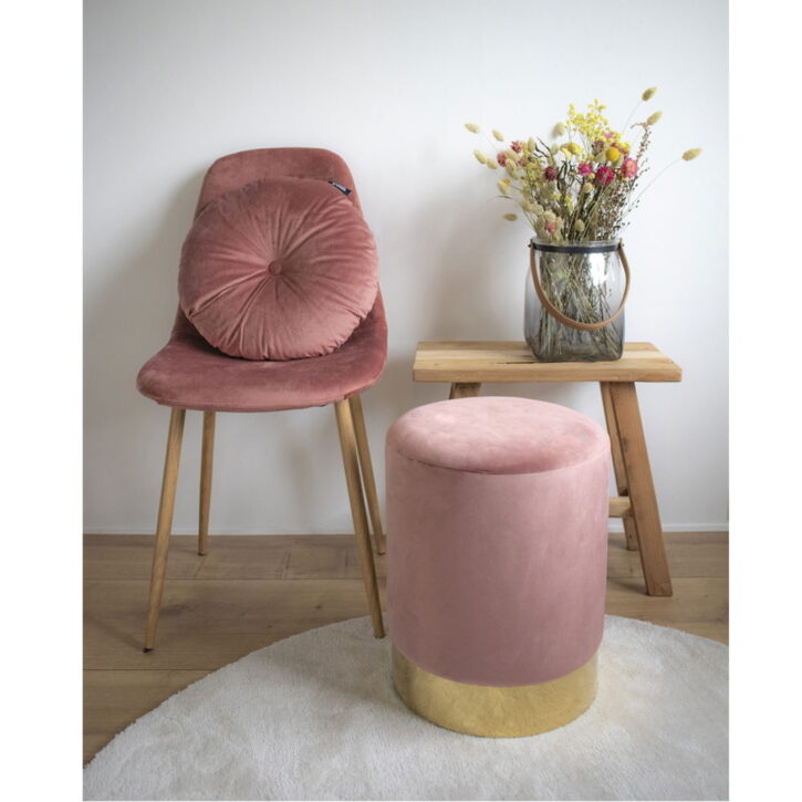 QUVIO Poef – Roze Fluweel – Messingkleurige Basis – Ø34×43 cm