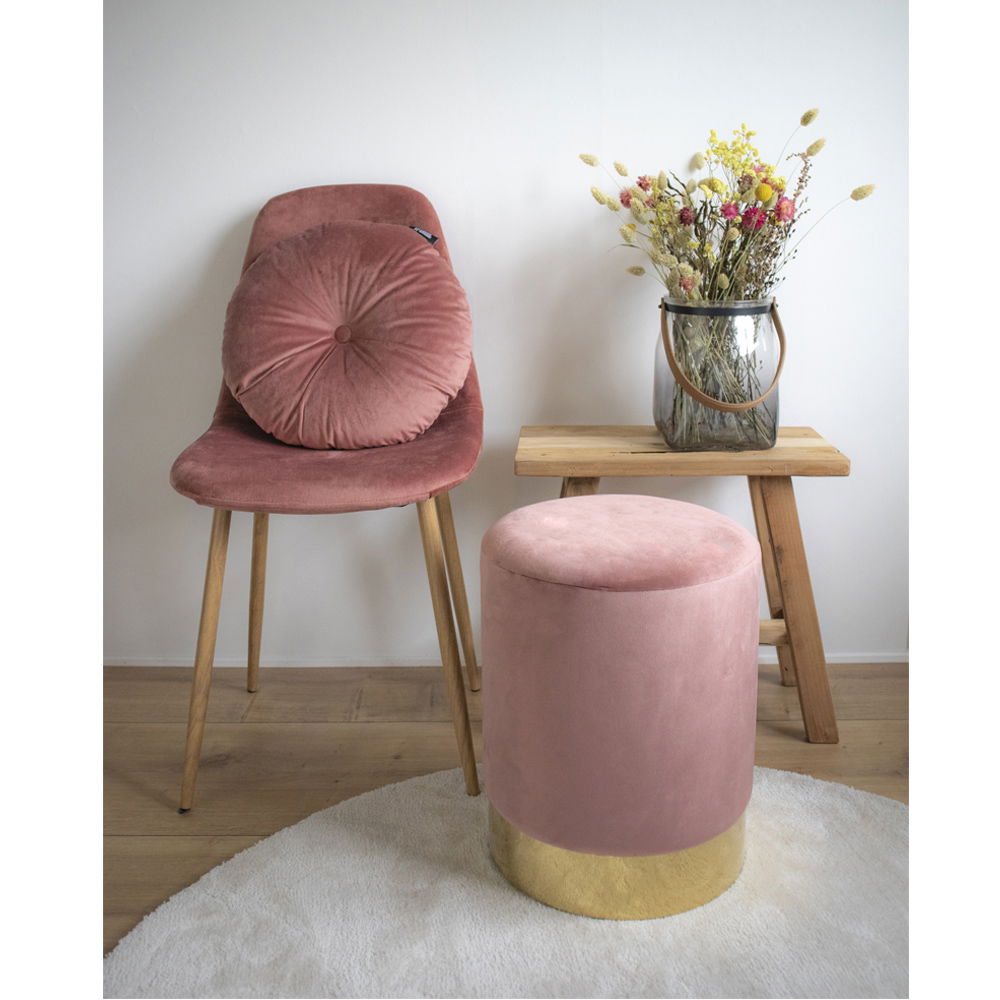 QUVIO Poef – Roze Fluweel – Messingkleurige Basis – Ø34×43 cm