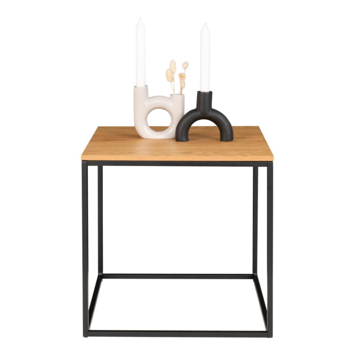 QUVIO Bijzettafel Gothenburg – Eikenhouten Look – Zwart Stalen Frame – 45x45x45 cm