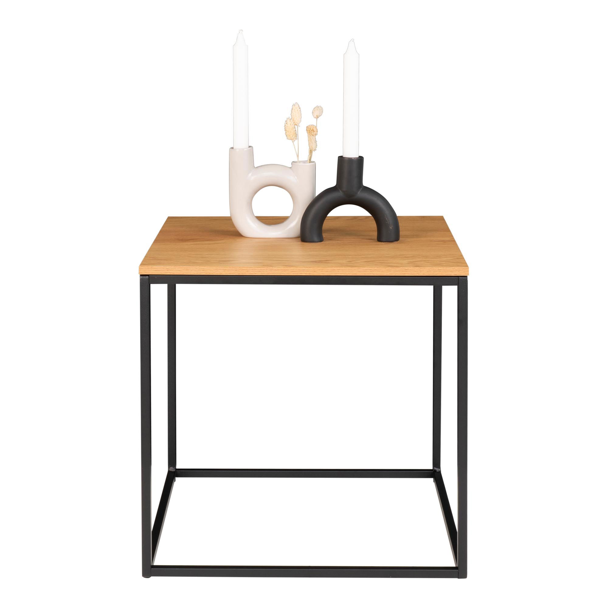 QUVIO Bijzettafel Gothenburg – Eikenhouten Look – Zwart Stalen Frame – 45x45x45 cm