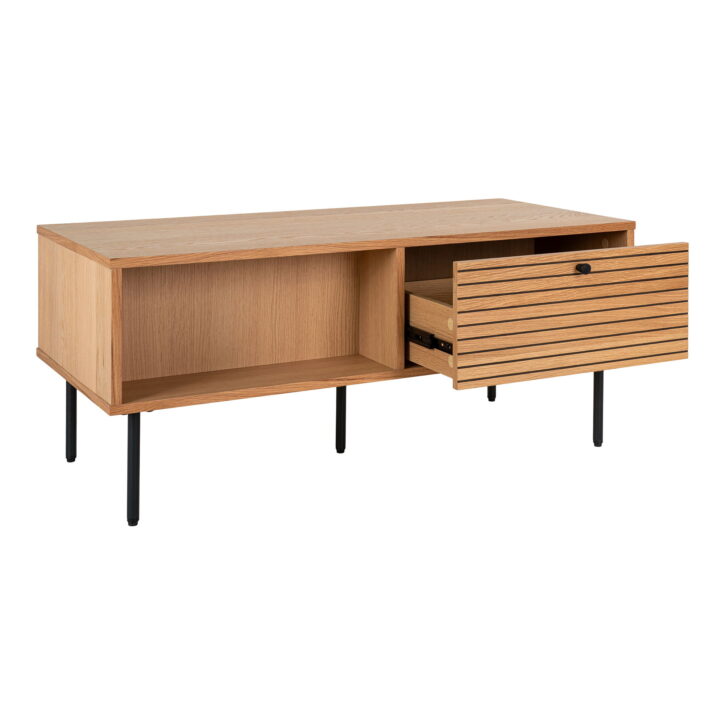QUVIO Salontafel Tallinn – Eikenfineer – Zwarte metalen poten – 2 lades