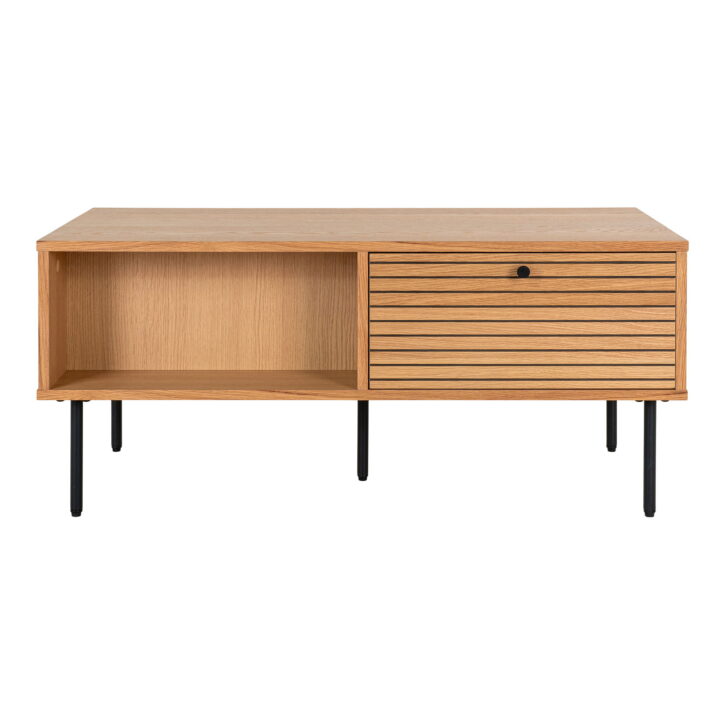 QUVIO Salontafel Tallinn – Eikenfineer – Zwarte metalen poten – 2 lades