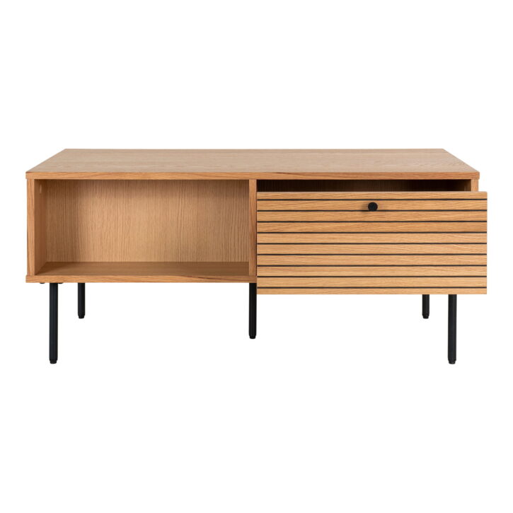 QUVIO Salontafel Tallinn – Eikenfineer – Zwarte metalen poten – 2 lades