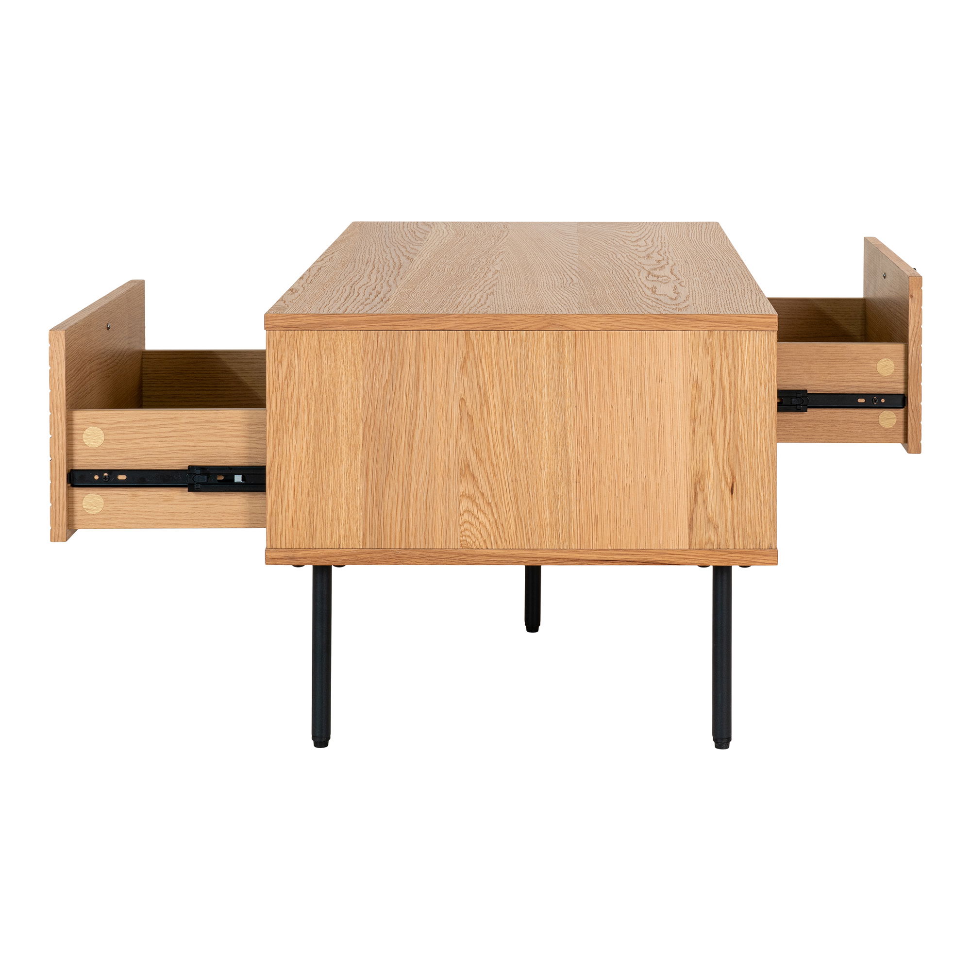 QUVIO Salontafel Tallinn – Eikenfineer – Zwarte metalen poten – 2 lades