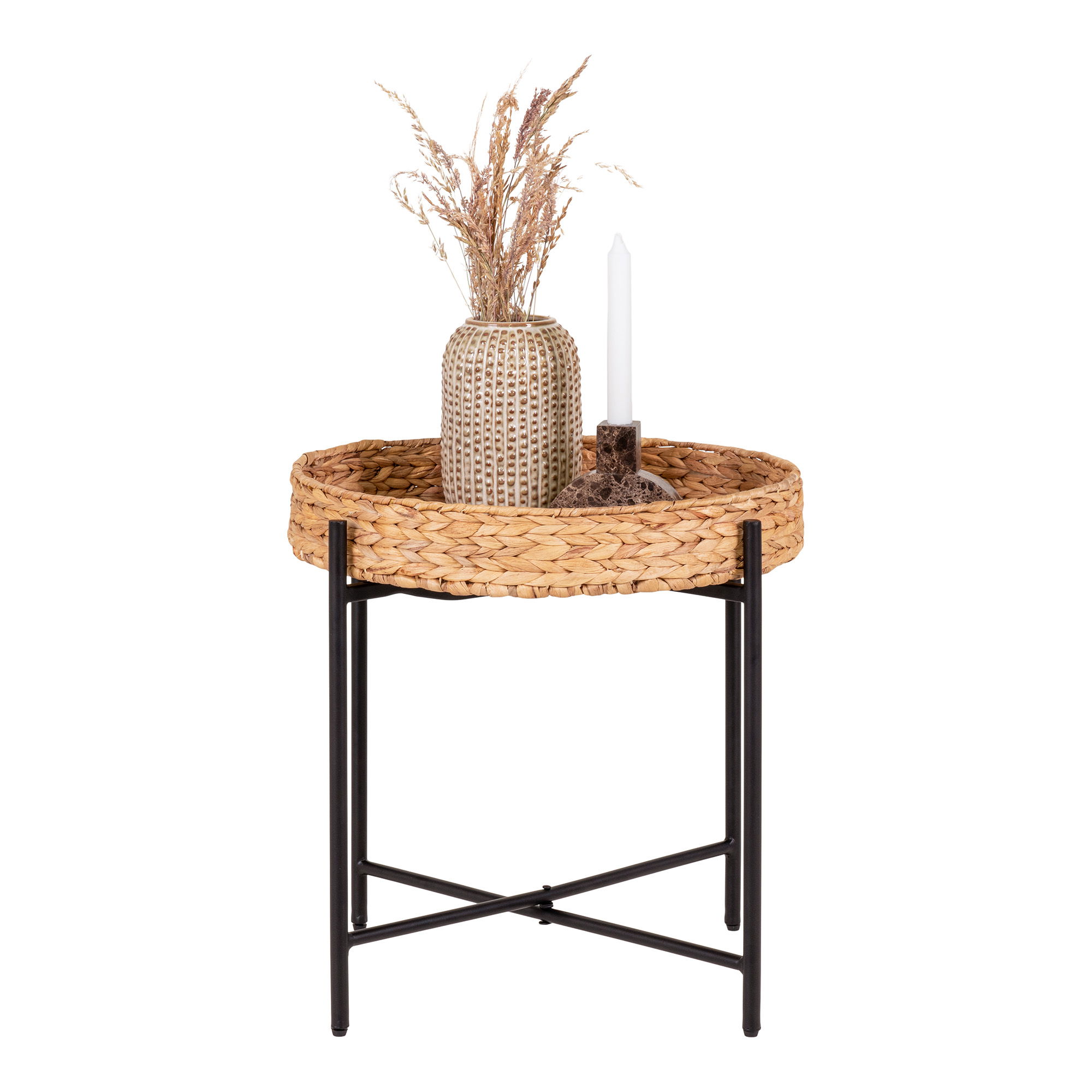 QUVIO Bijzettafel – Naturel – Zwart  – Metaal – Waterhyacint
