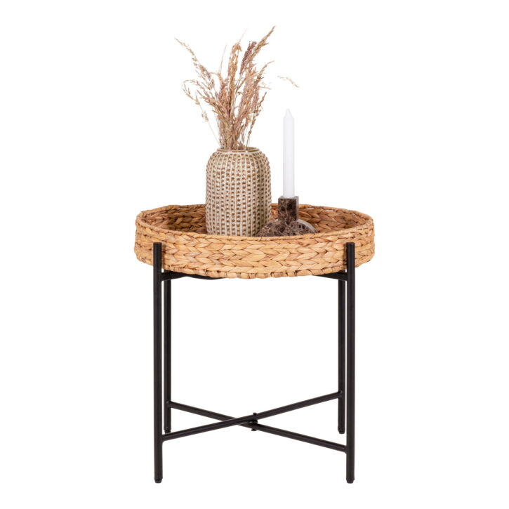 QUVIO Bijzettafel – Naturel – Zwart  – Metaal – Waterhyacint