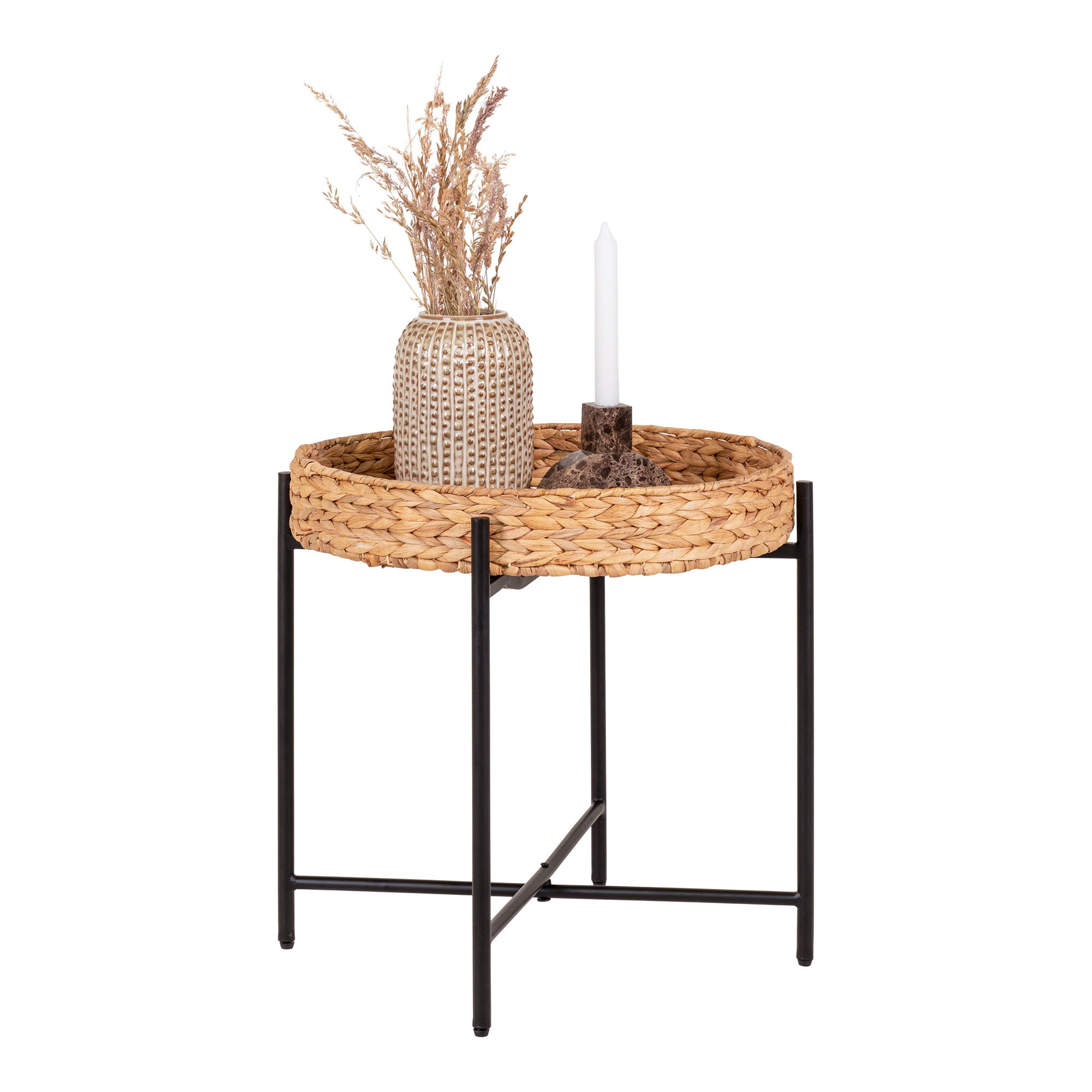 QUVIO Bijzettafel – Naturel – Zwart  – Metaal – Waterhyacint