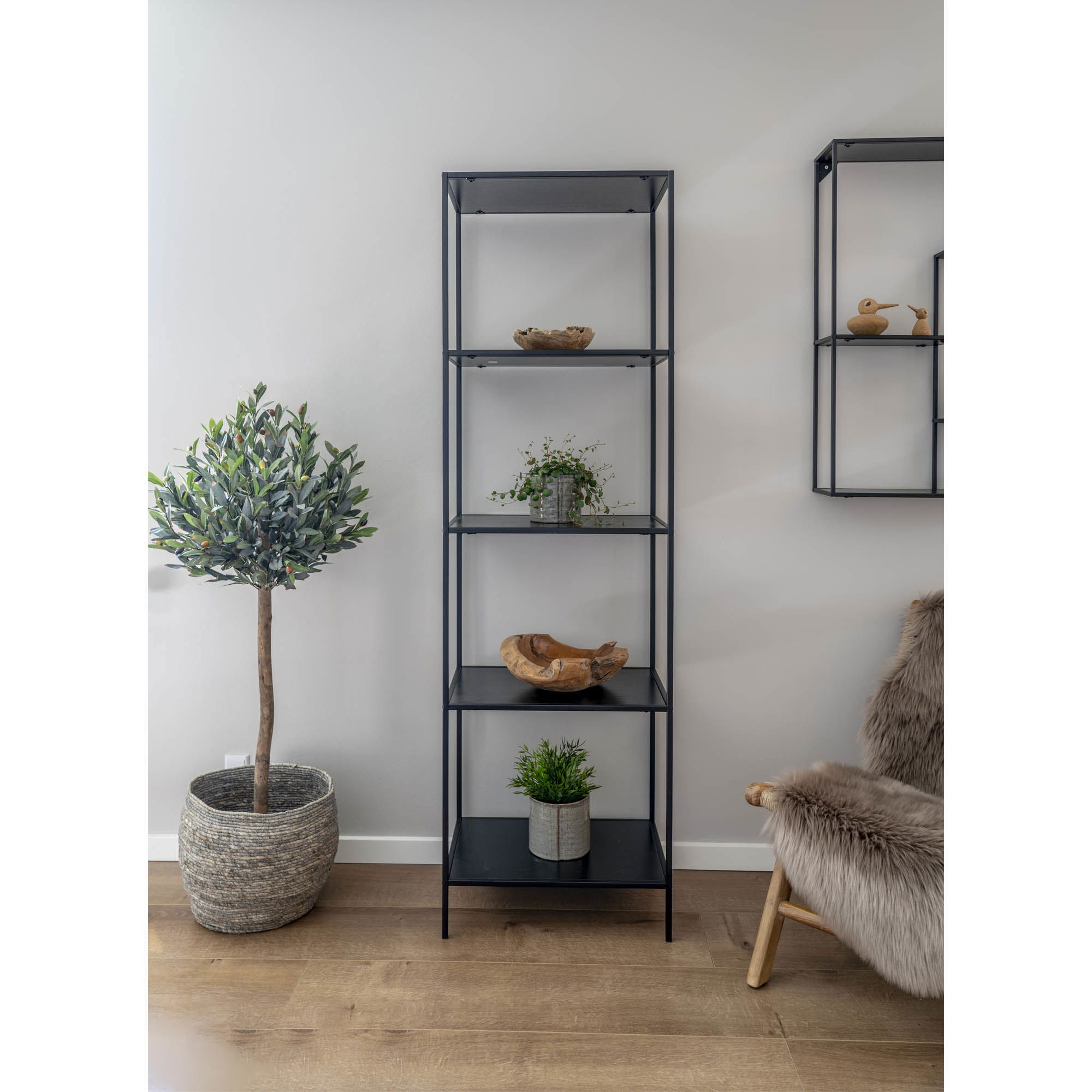 QUVIO Wandkast Gothenburg – Zwart – 5 planken – Staal en Spaanplaat – 51x36x170 cm