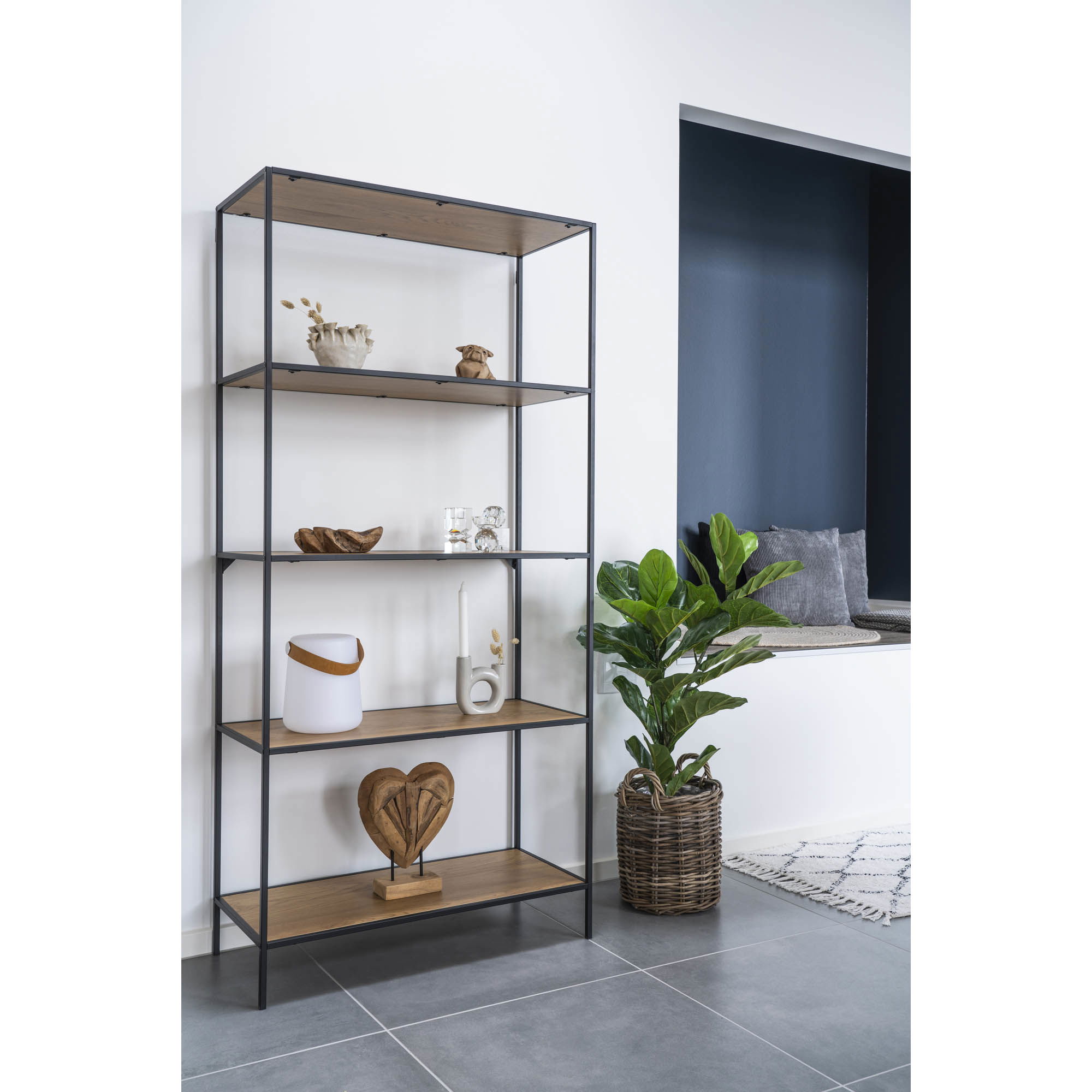 QUVIO Wandkast Gothenburg – Stijlvolle eikenlook – Zwart frame – 5 ruime planken
