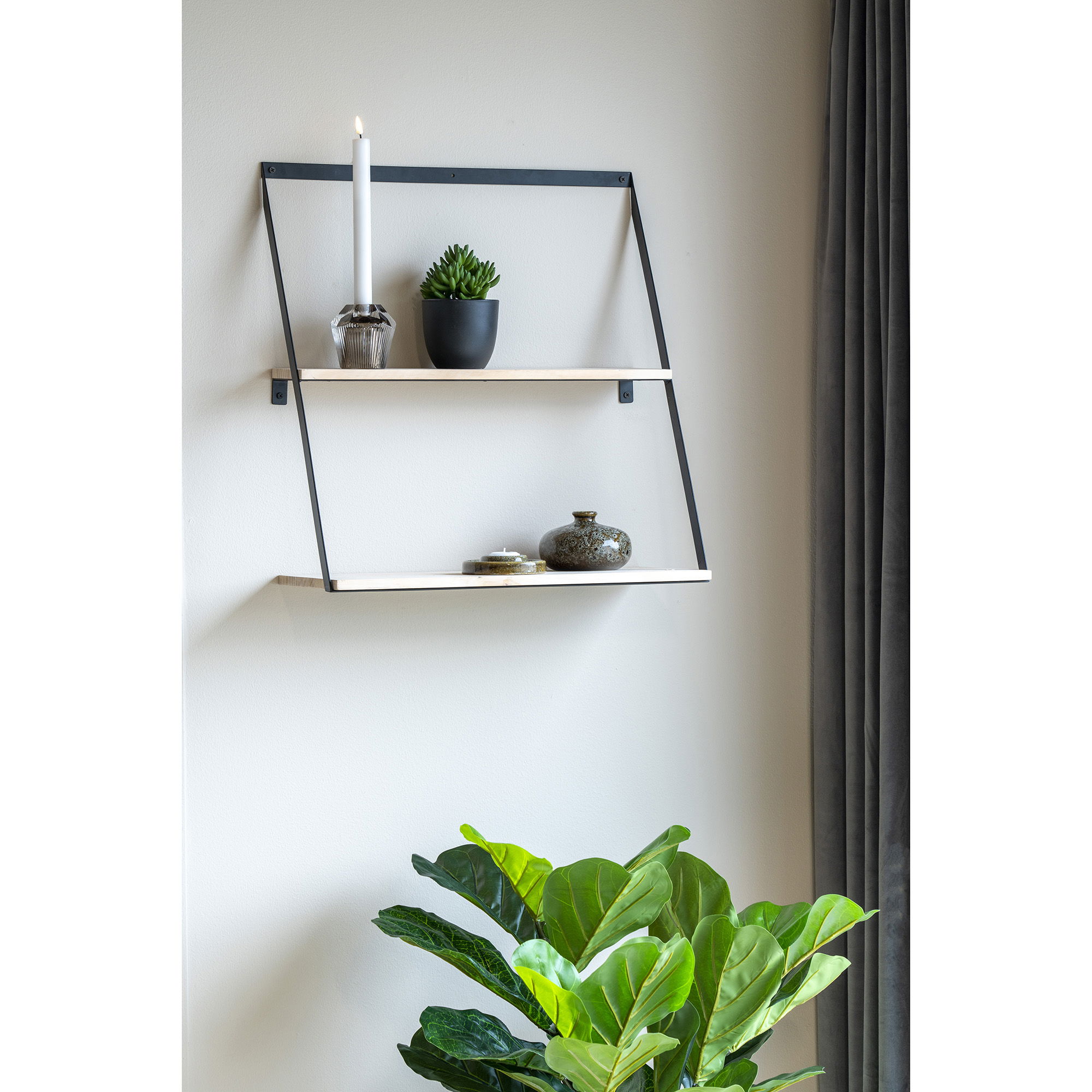 QUVIO Wandplank Genève – Staal en Dennenhout – 50x21x52 cm – Natuurlijk