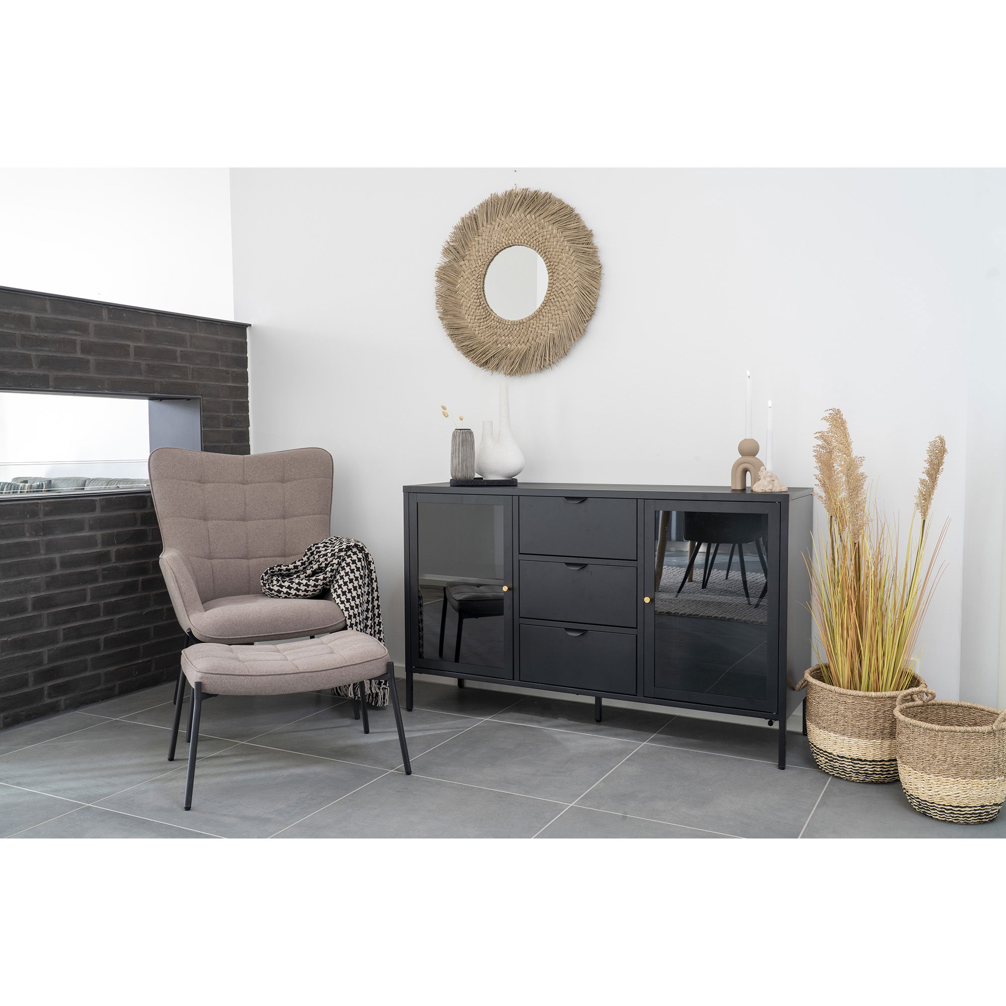 QUVIO Opbergmanden – Zeegras – Naturel/Bruin/Zwart – Ø28/33 cm –  Set van 2