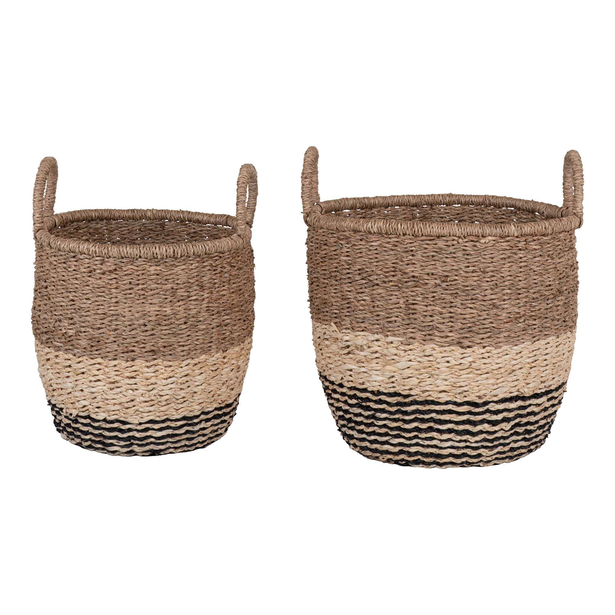 QUVIO Opbergmanden – Zeegras – Naturel/Bruin/Zwart – Ø28/33 cm –  Set van 2