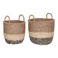 QUVIO Opbergmanden – Zeegras – Naturel/Bruin/Zwart – Ø28/33 cm –  Set van 2