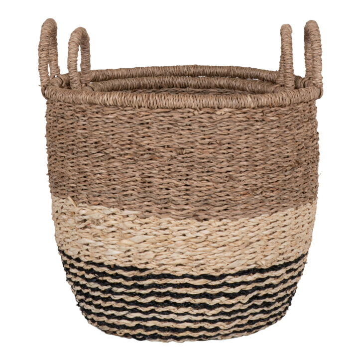 QUVIO Opbergmanden – Zeegras – Naturel/Bruin/Zwart – Ø28/33 cm –  Set van 2