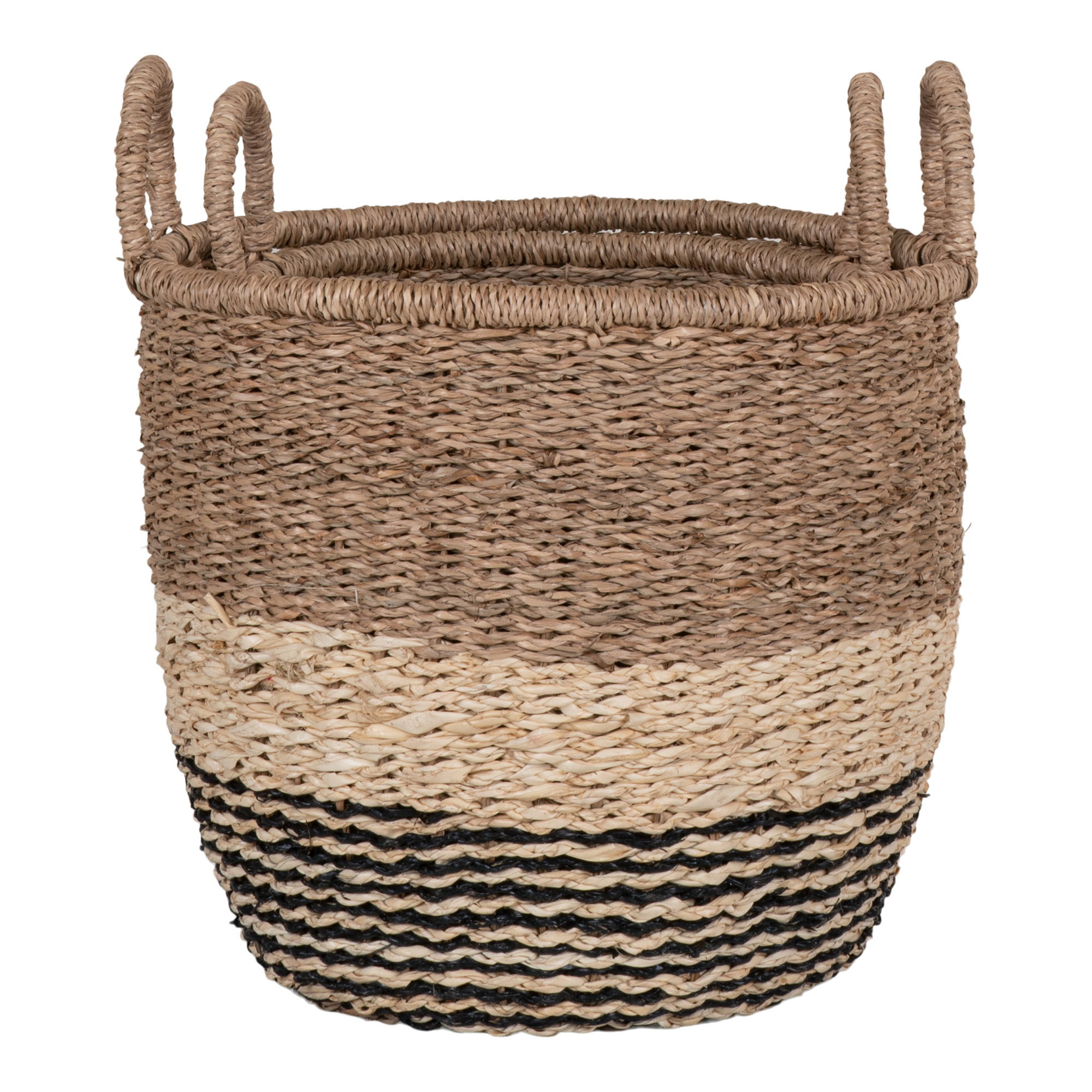 QUVIO Opbergmanden – Zeegras – Naturel/Bruin/Zwart – Ø28/33 cm –  Set van 2