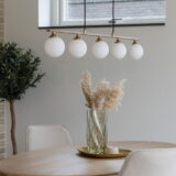 QUVIO Hanglamp – Stijlvol Glas en Staal – Messing Kleur – 150 cm – Stoffen Snoer
