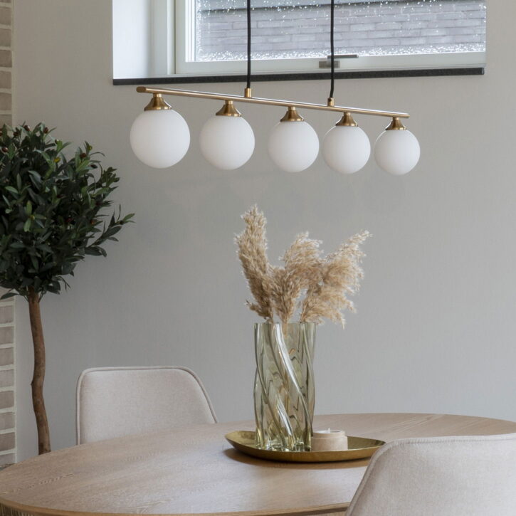 QUVIO Hanglamp – Stijlvol Glas en Staal – Messing Kleur – 150 cm – Stoffen Snoer