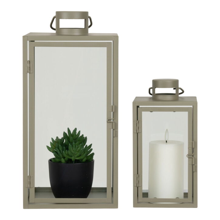 QUVIO Glazen lantaarns  – Groen – Staal en glas – Set van twee