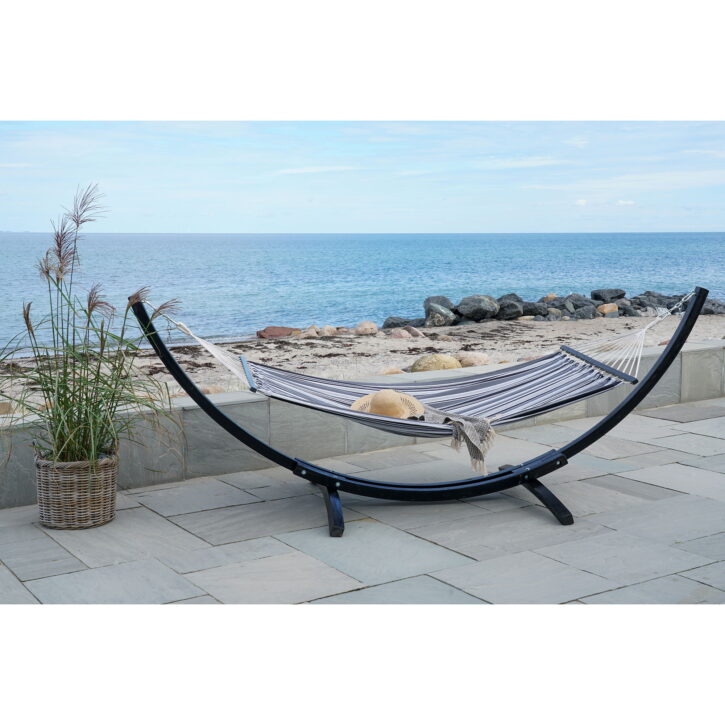 QUVIO Hangmat – Houten Standaard – Polyester/Katoen – Zwart/Grijs/Wit