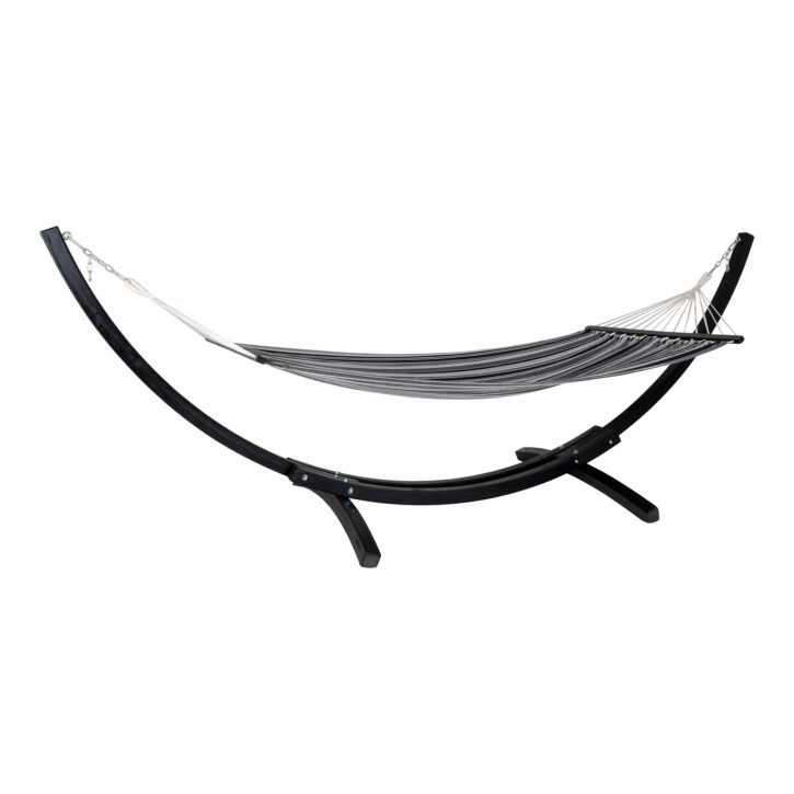QUVIO Hangmat – Houten Standaard – Polyester/Katoen – Zwart/Grijs/Wit
