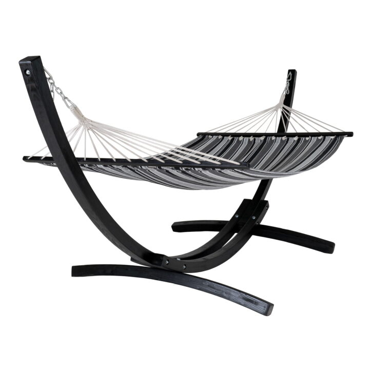 QUVIO Hangmat – Houten Standaard – Polyester/Katoen – Zwart/Grijs/Wit