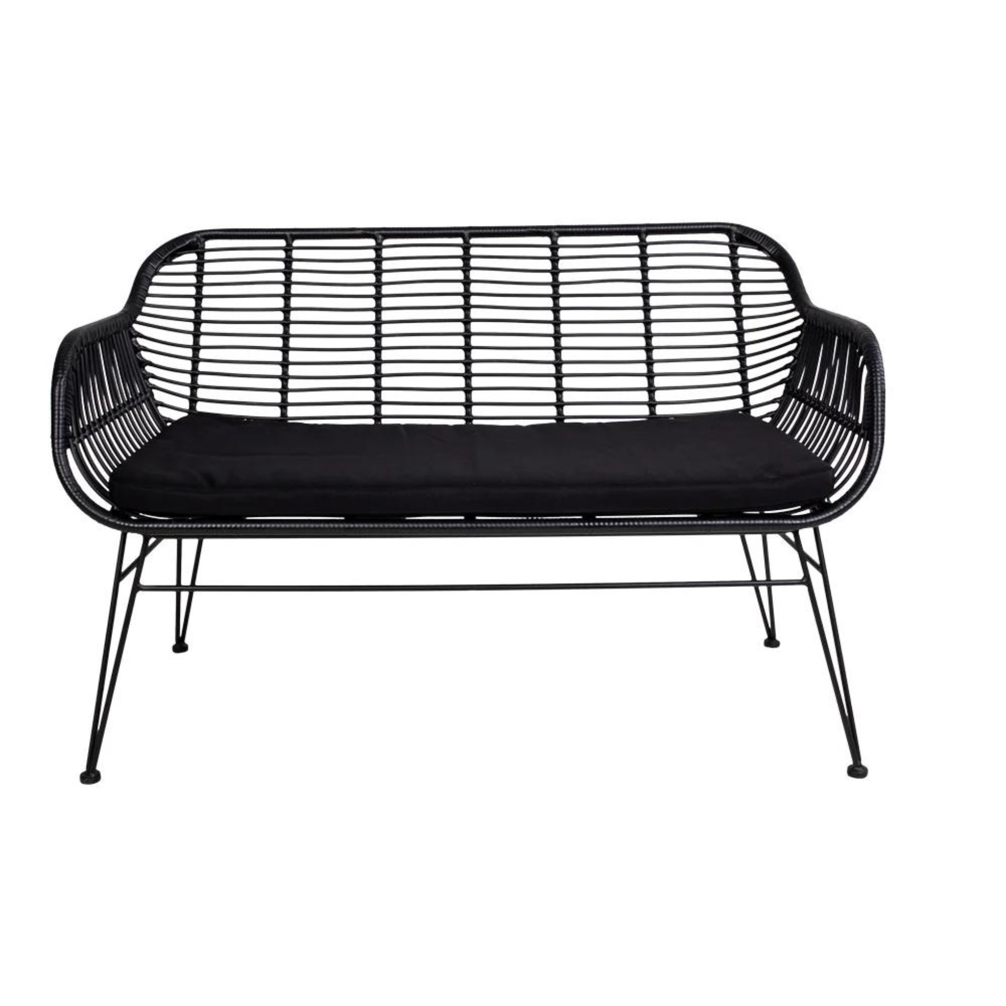 zwarte tuinbank, tuinbank zwart, zwarte tuinbank van staal en PE rattan, stalen tuinbank, tuinbank,
