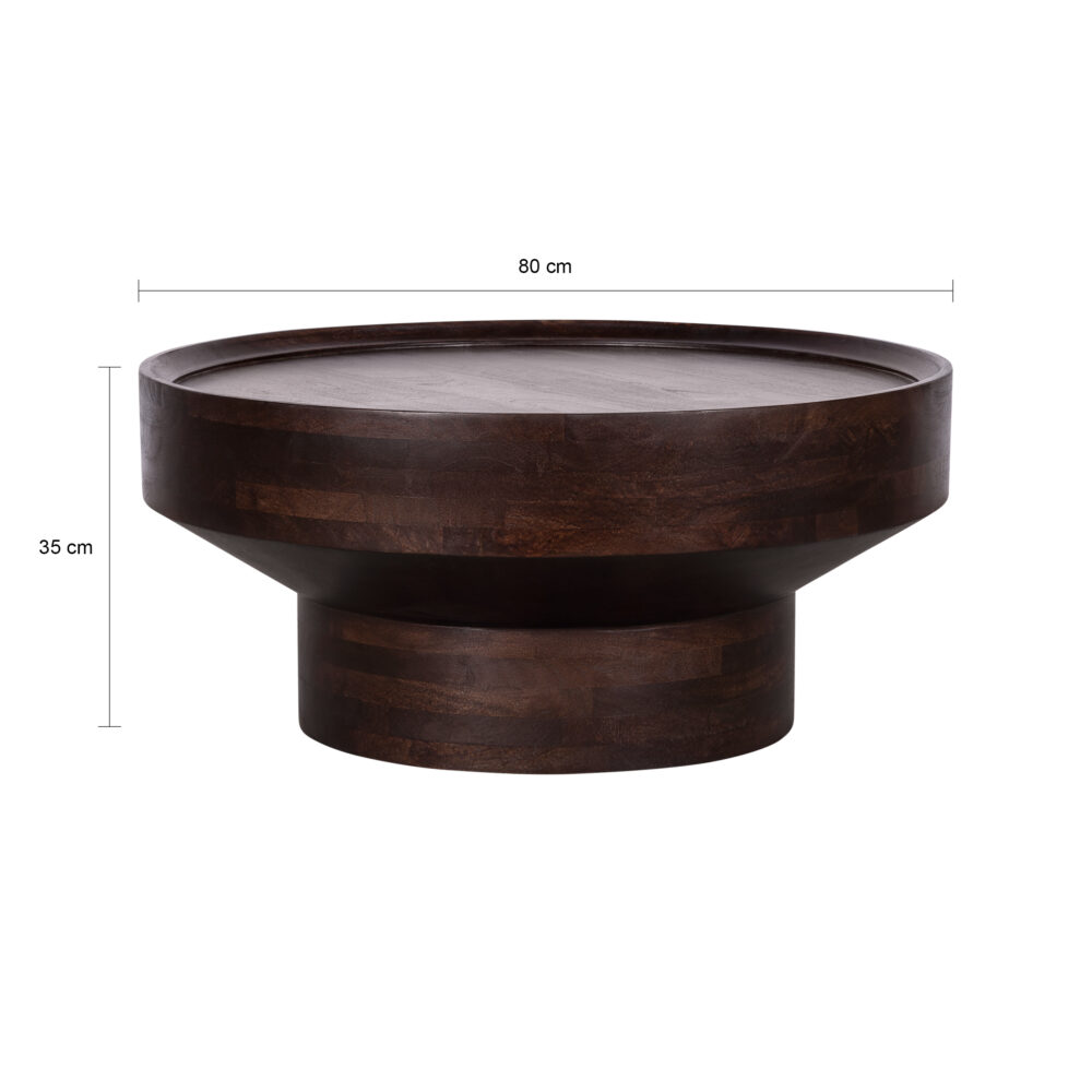 walnoot bruine salontafel, salontafel, ronde tafel, tafel, ronde salontafel, ronde salontafel in walnoot bruin mangohout, afmetingen
