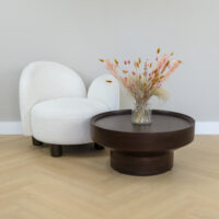 walnoot bruine salontafel, salontafel, ronde tafel, tafel, ronde salontafel, ronde salontafel in walnoot bruin mangohout, sfeer