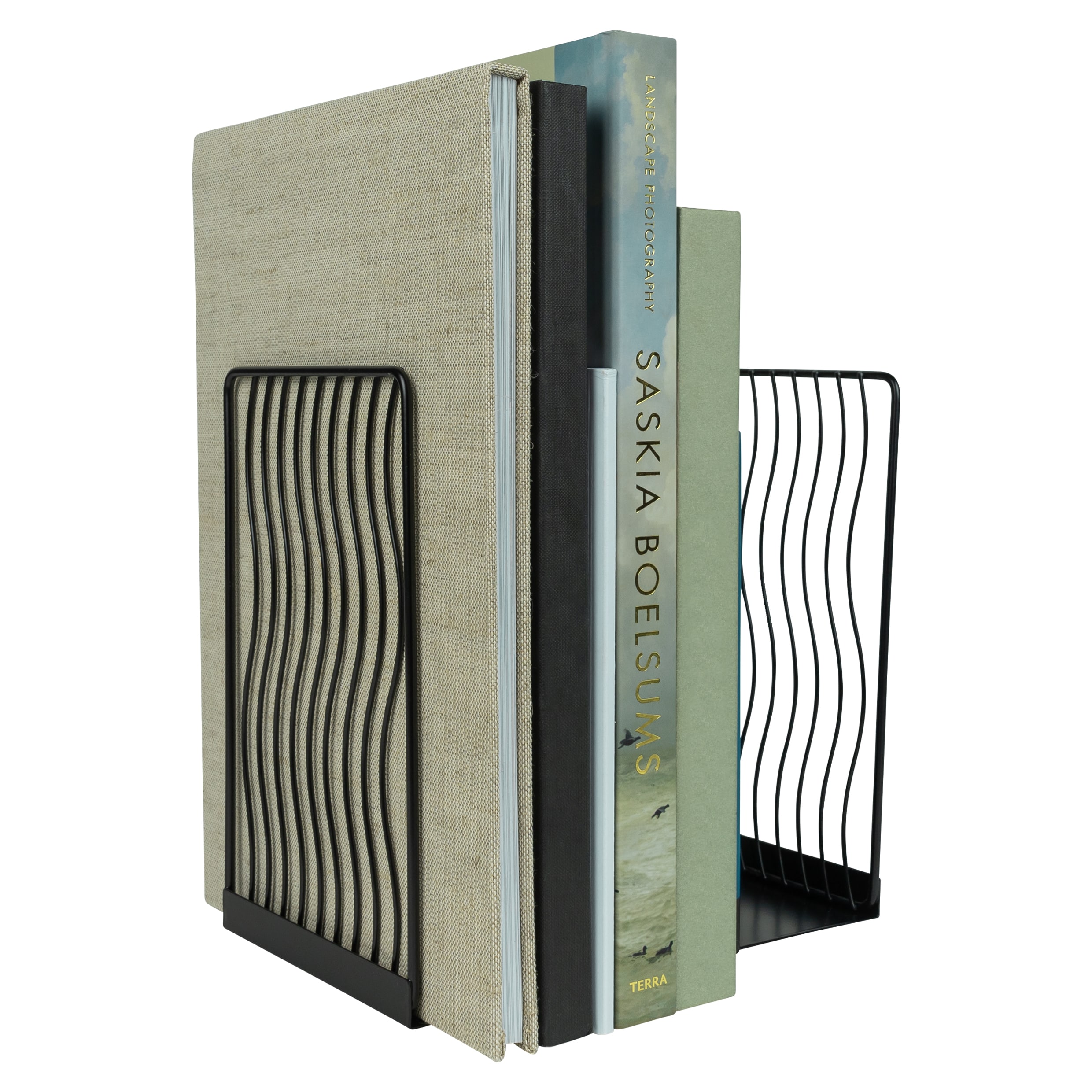 zwarte boekensteun met golvend design