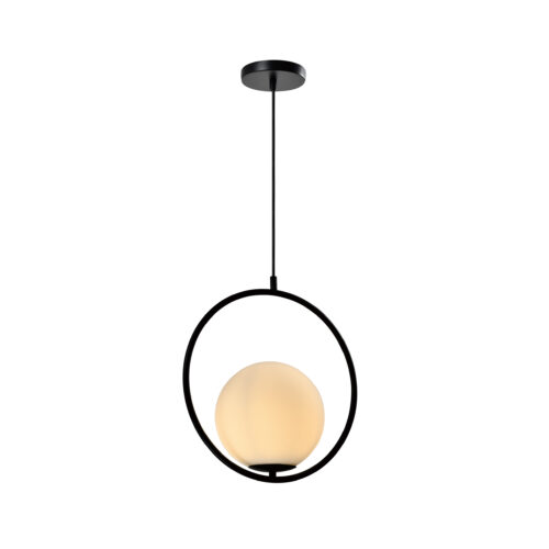 Moderne hanglamp met metalen frame in het zwart en bal