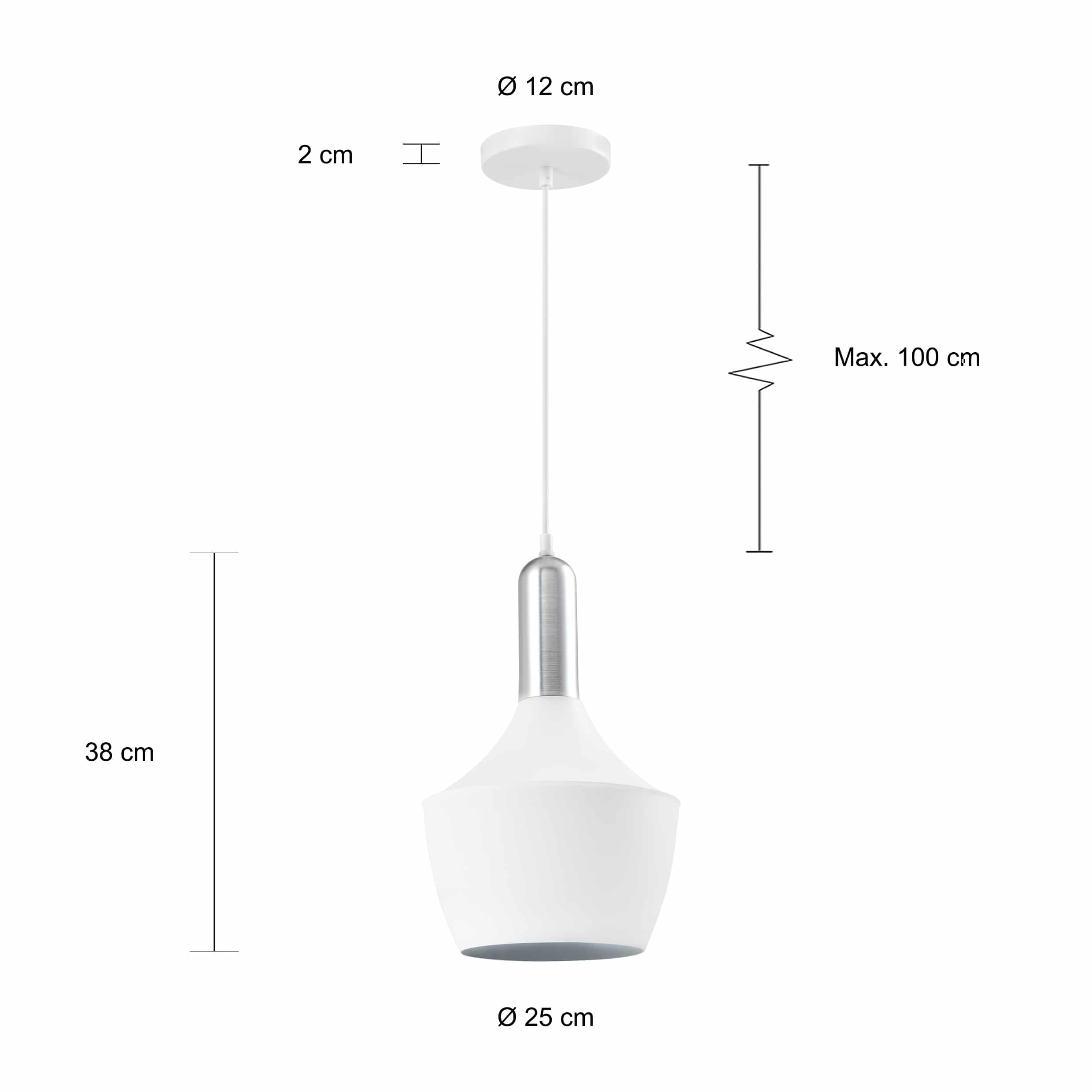 Afmetingen van de verlichting in het wit met een diameter van 25 cm