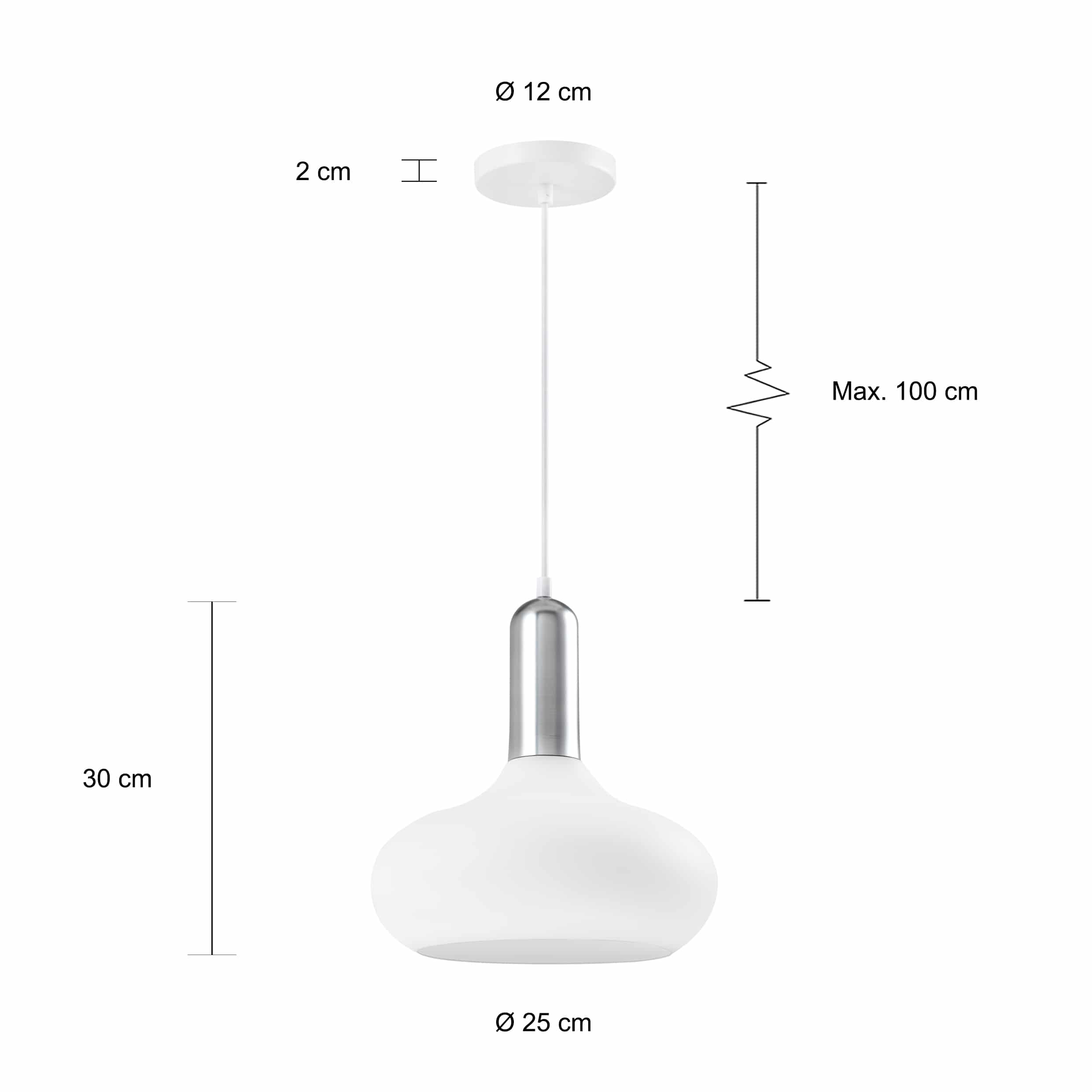 Afmetingen van de witte lamp met zilveren bovenkant en bol vorm