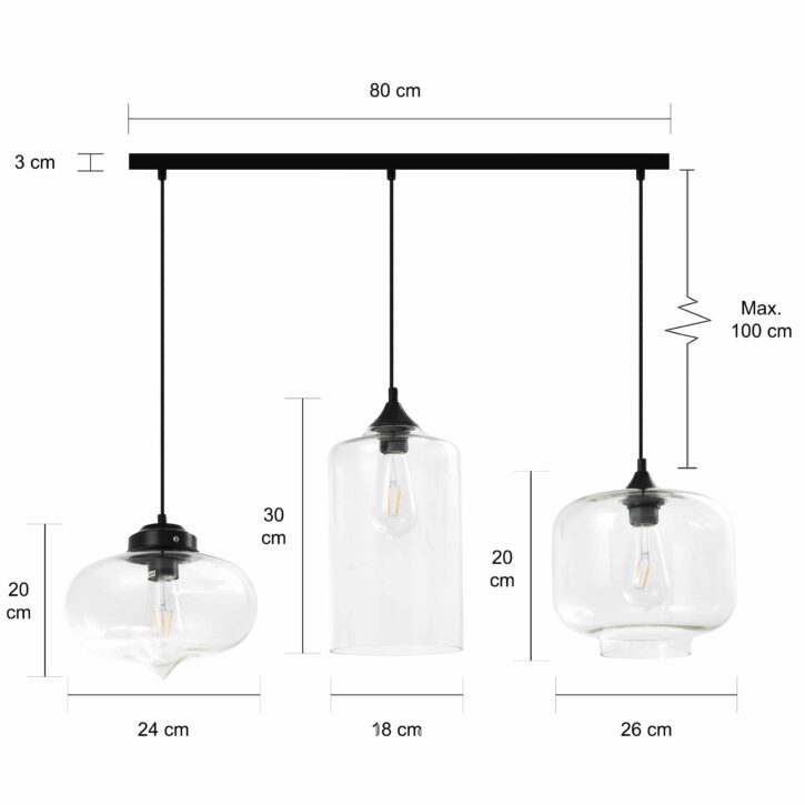 Afmetingen retro glazen vormen lampen set van 3
