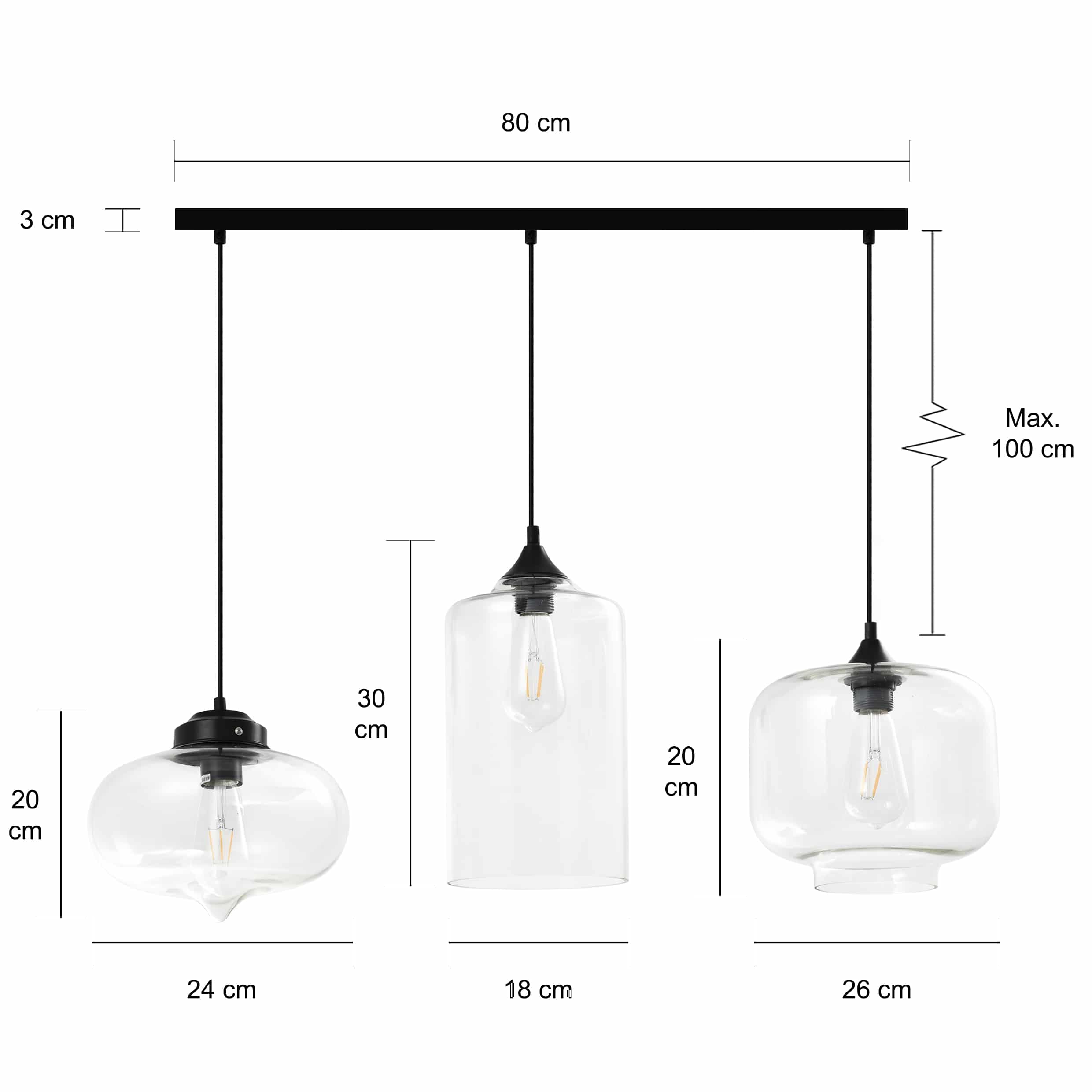Afmetingen retro glazen vormen lampen set van 3