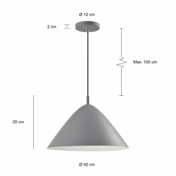 Afmetingen retro hanglamp in het grijs met hoed vorm