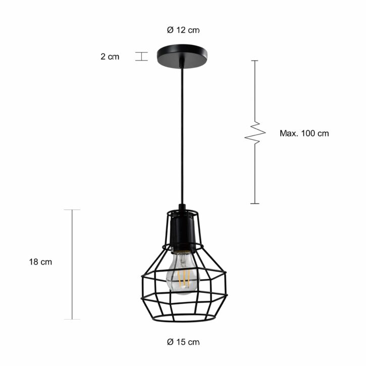 Afmetingen van de zwarte draadlamp met enkele bulb
