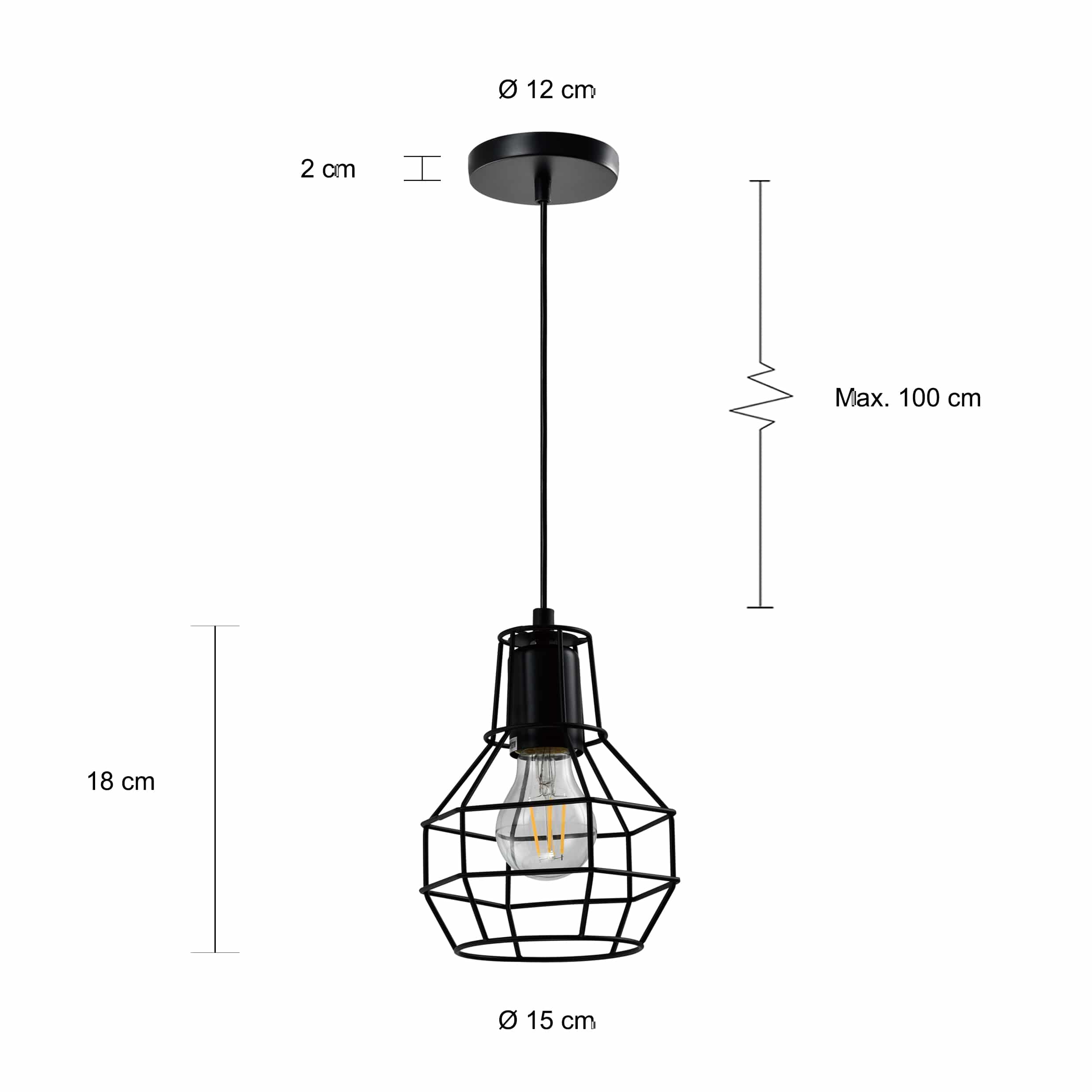 Afmetingen van de zwarte draadlamp met enkele bulb