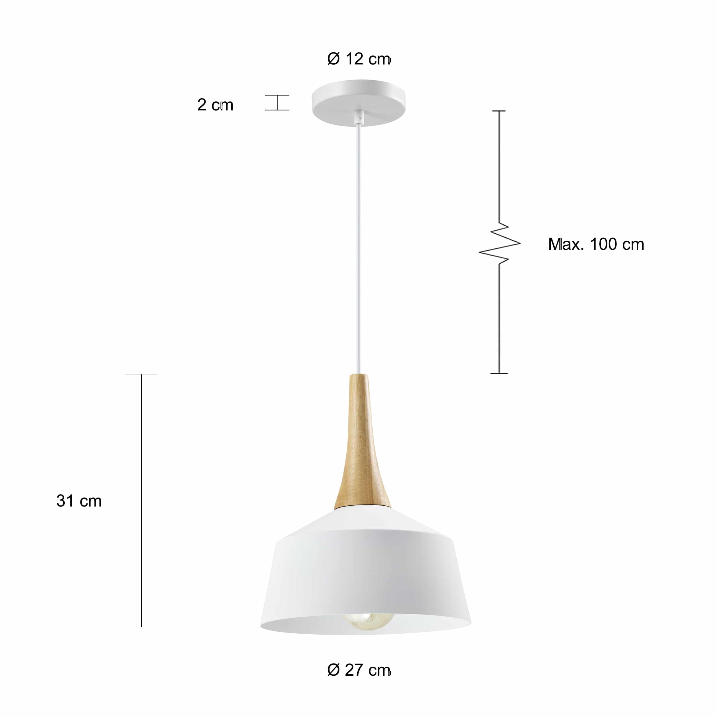 Afmetingen van de witte verlichting met een diameter van 27 cm