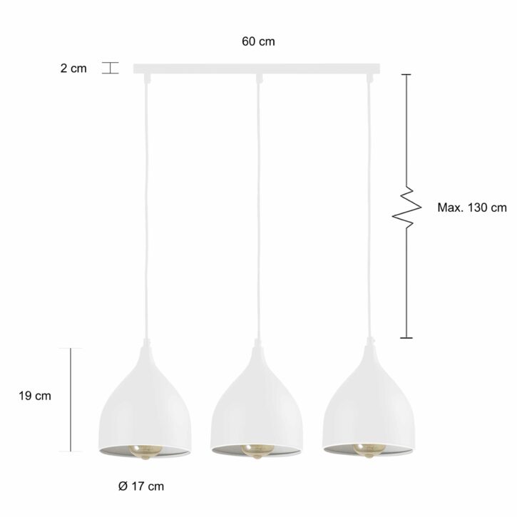 Afmetingen van de 3 lampen in het wit van metaal